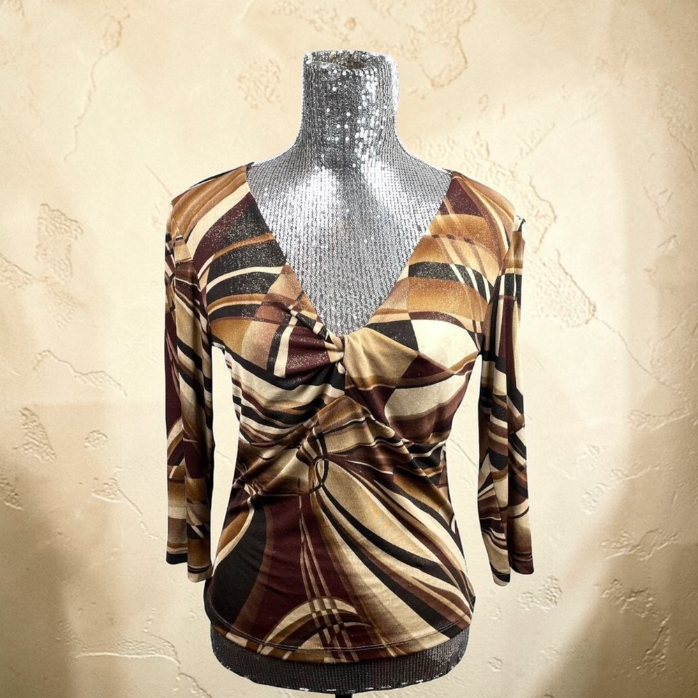 Vintage Y2K Babydoll Top Brown Swirl Print Ruched V Neck 3/4 Sleeve Small Party